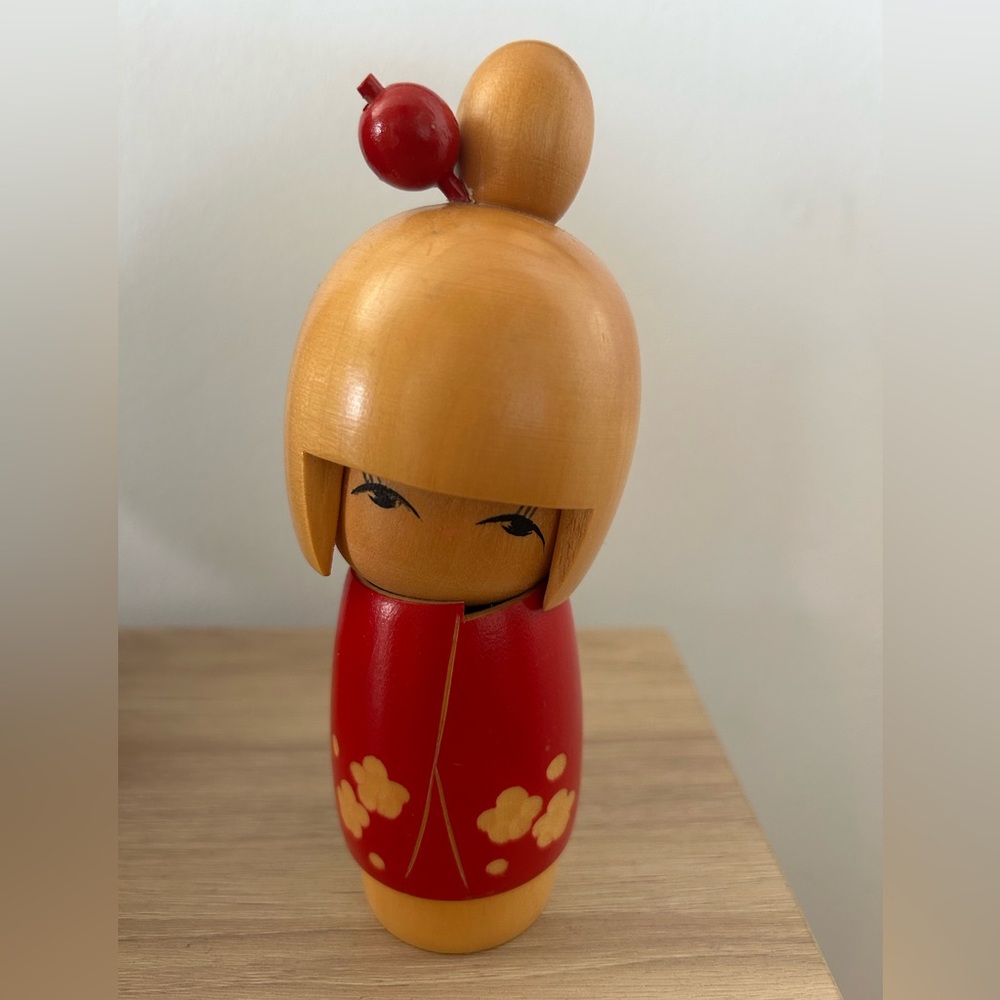 Vintage Kokeshi Doll by Suigai Sato 1970s Cute Hair Red Kimono Wooden Japanese